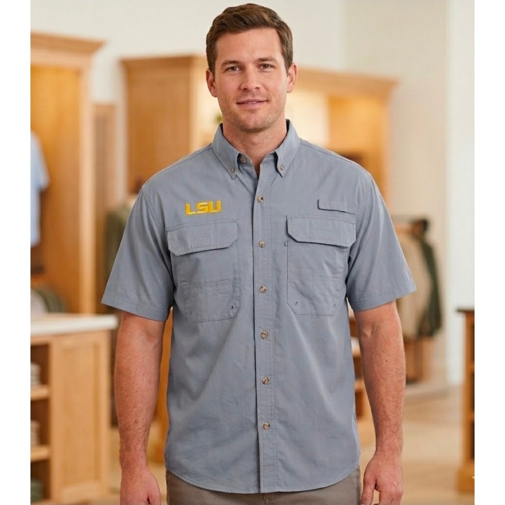 LSU Tigers‎ Mens Large Gray Fishing Shirt  Button Down Knights Apparel Casual